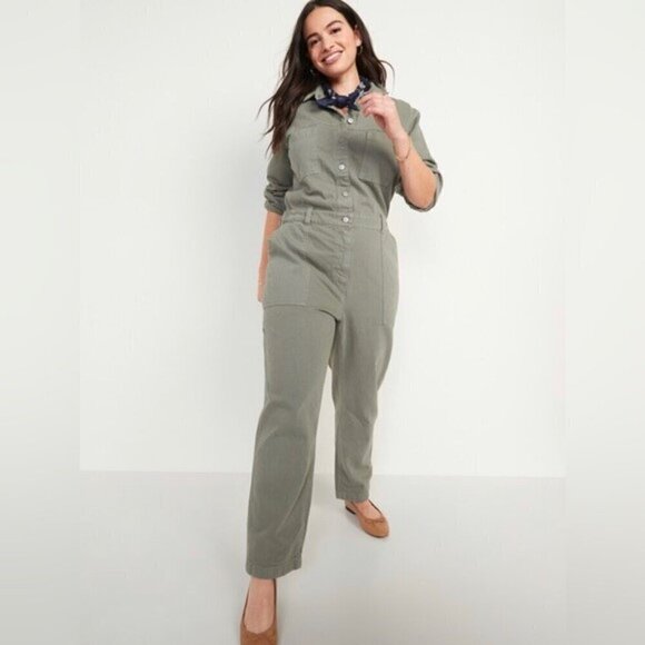 NWT! Long-Sleeve Cropped Green Jean Utility Jumpsuit - XS Tall - Picture 4 of 4